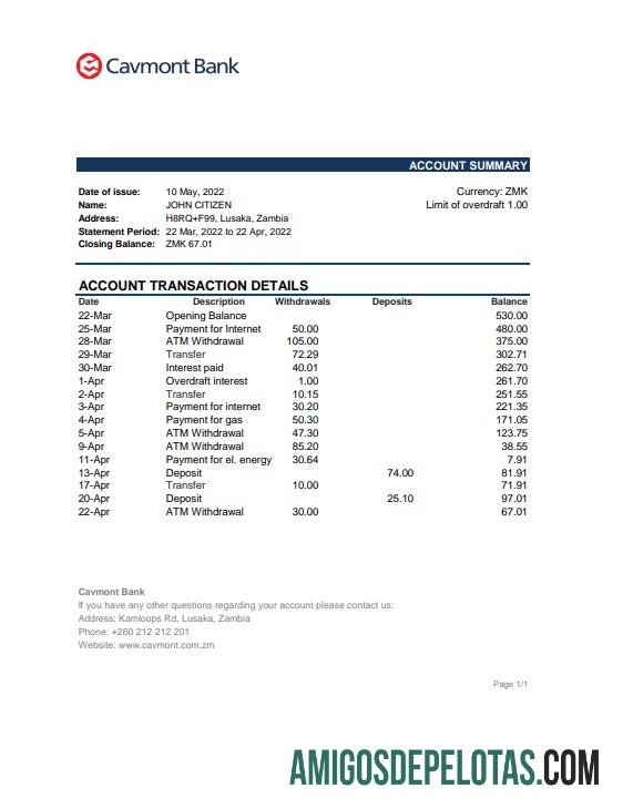 Extrato bancário realista da Zâmbia Cavmont, modelo Excel e PDF